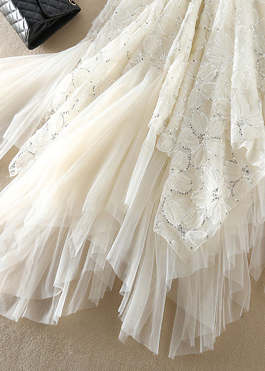 White Sequins Asymmetrical Design Tulle Skirts Spring