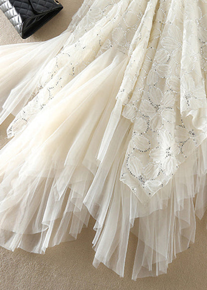 White Sequins Asymmetrical Design Tulle Skirts Spring