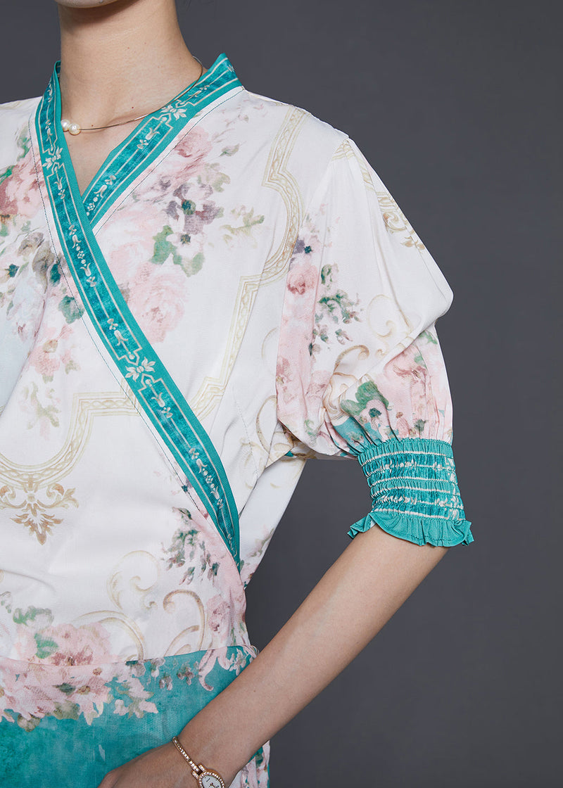 Apricot Print Lace Up Chiffon Two Pieces Set Puff Sleeve
