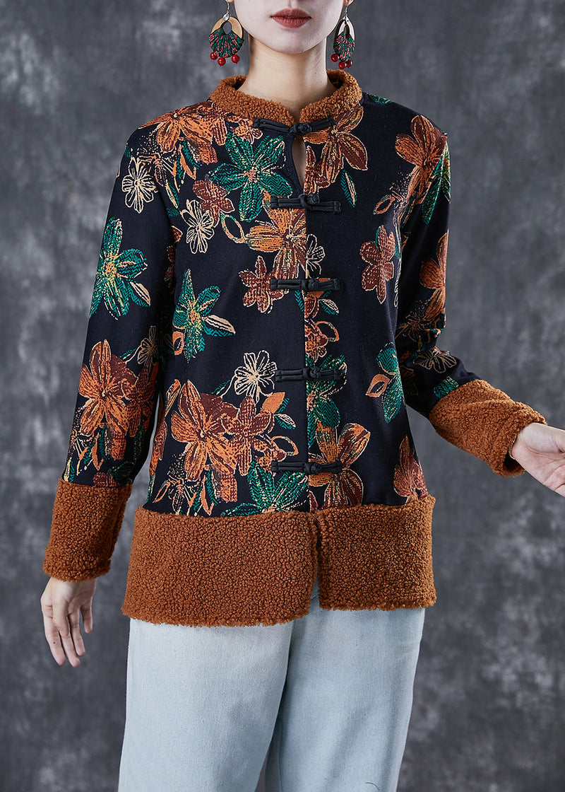 Black Print Patchwork Warm Fleece Coats Winter