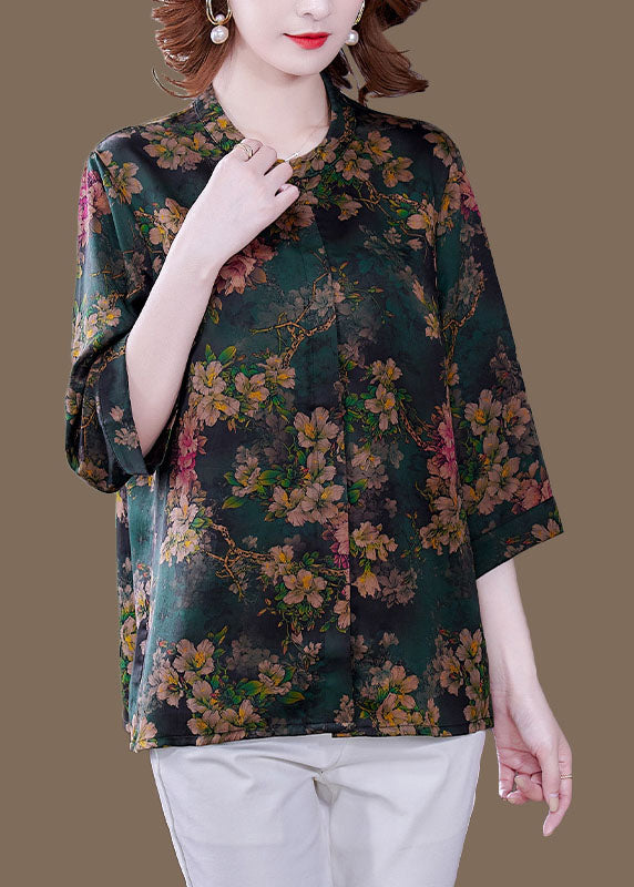 Green Stand Collar Print Silk Shirt Bracelet Sleeve