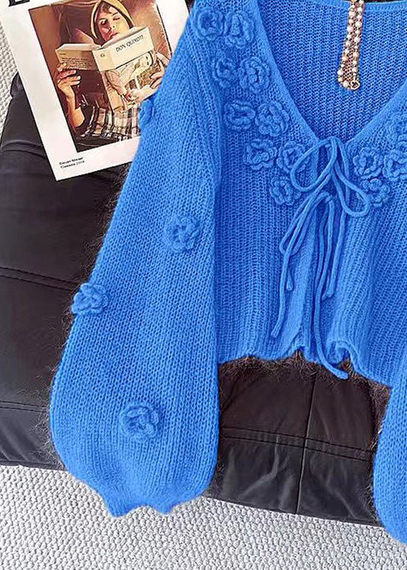 Blue V Neck Lace Up Cozy Knit Cardigans Fall