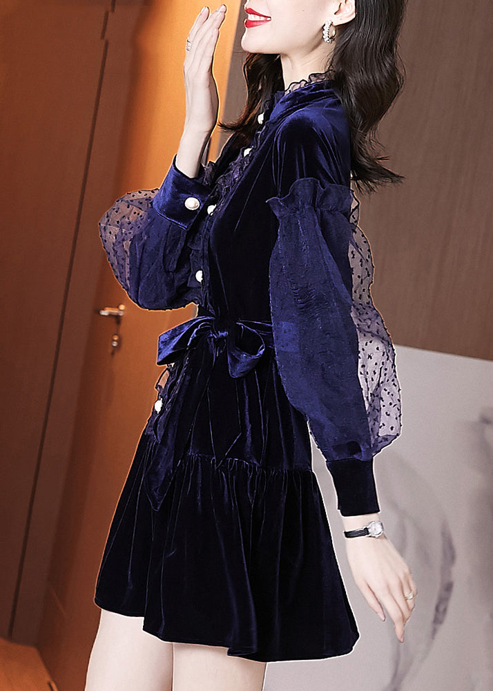 Navy Ruffled Tie Waist Patchwork Velour Dresses Puff Sleeve