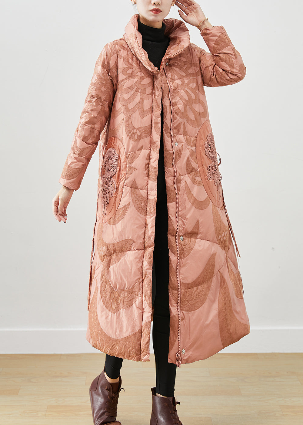 French Pink Embroideried Applique Duck Down Winter Coats Winter