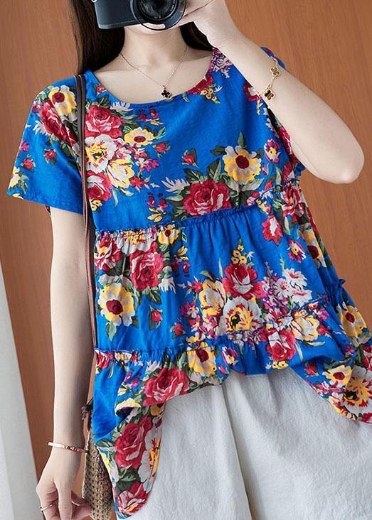 Fine Blue Print O-neck Short Sleeve Cotton Linen Top Summer
