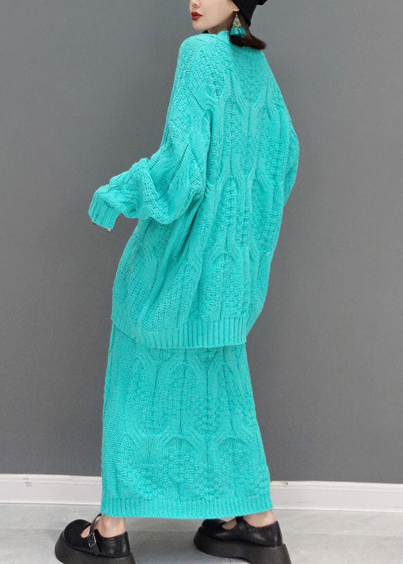 Unique Blue V Neck Cable Knit Tops a Line Skirts Two-piece Set Spring