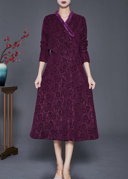 Dull Purple Jacquard Slim Fit Warm Fleece Dresses Winter