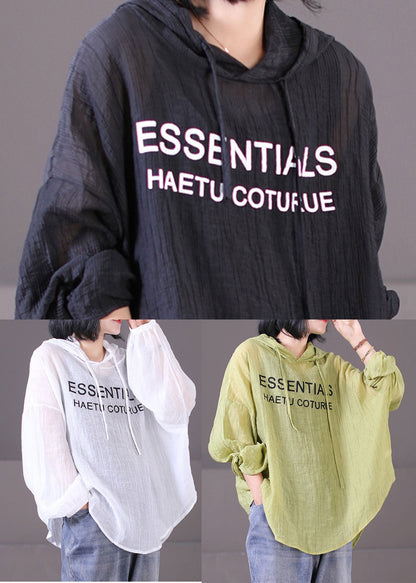Classy Black Hooded Drawstring Wrinkled Cotton Sweatshirt Long Sleeve