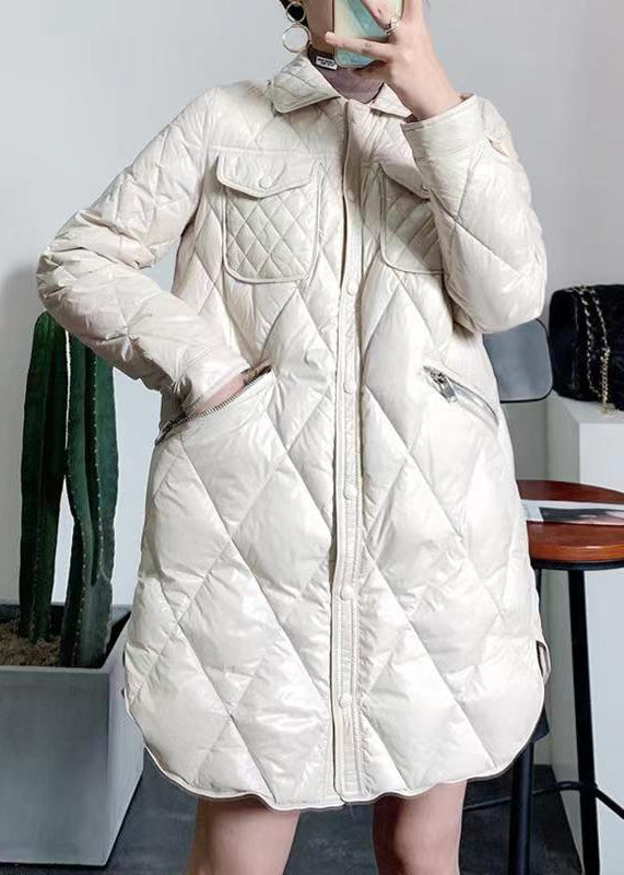 Beige Peter Pan Collar Pockets Patchwork Duck Down Coat Winter