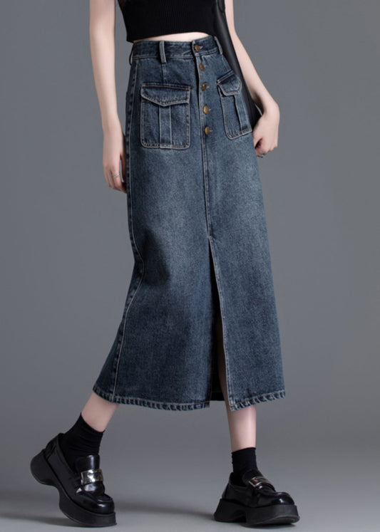 Silm Fit Navy High Waist Side Open Denim Straight Skirt Spring