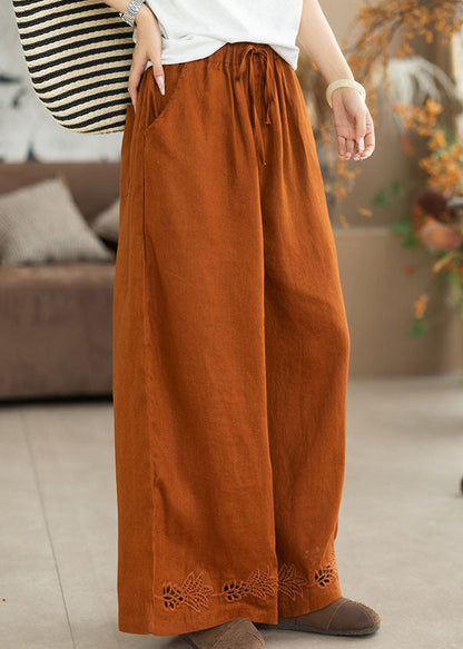 Orange Embroidered Oversized Linen Wide Leg Pants Summer