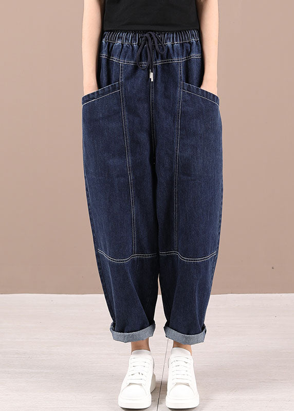 Blue Tie Waist Pockets Fall Patchwork Harem Pants