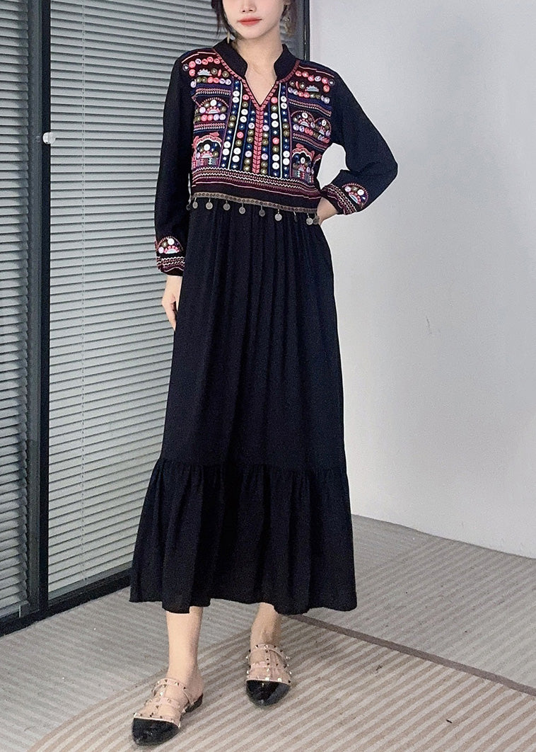 Black Tasseled Cotton Long Dress Embroidered Long Sleeve