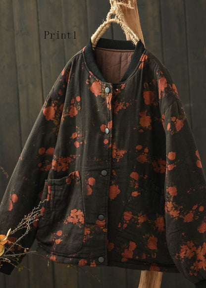 Stand Collar Pockets Print Fine Cotton Filled Coat Spring