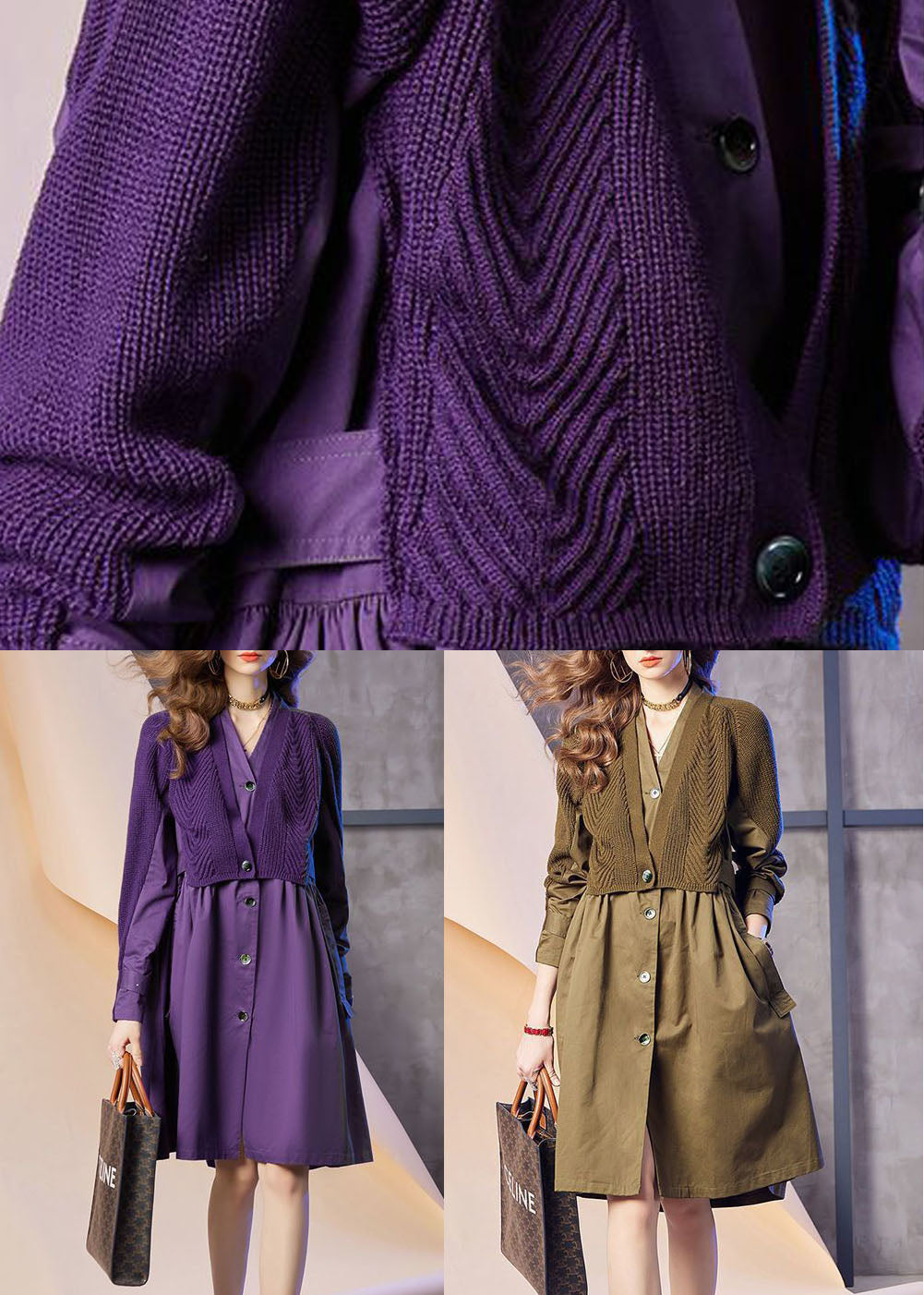 Purple V Neck Patchwork Knit Fake Two Piece Party Dress Spring