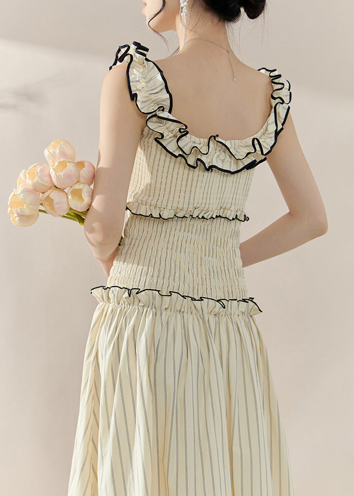 Apricot Ruffled Patchwork Slim Long Dress Sleeveless