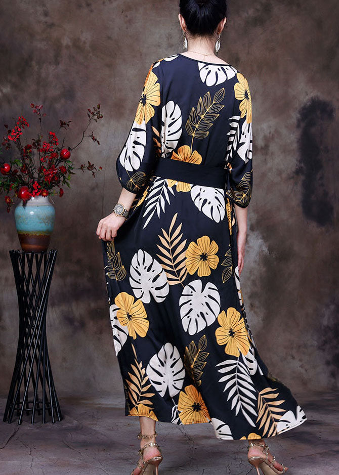 Black V Neck Print Side Open Sashes Silk Vacation Long Dress Bracelet Sleeve