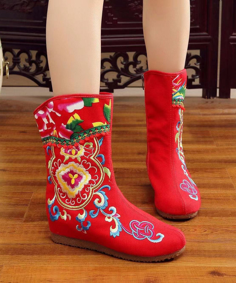 Handmade Comfy Red Embroidery Wedge Boots