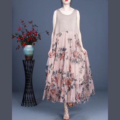 Pink Print Lace Dress O-neck Sleeveless Summer Dresses