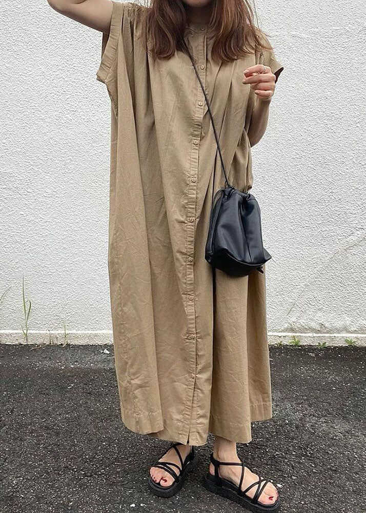 Diy Khaki Button Cotton Shirts Dresses Short Sleeve