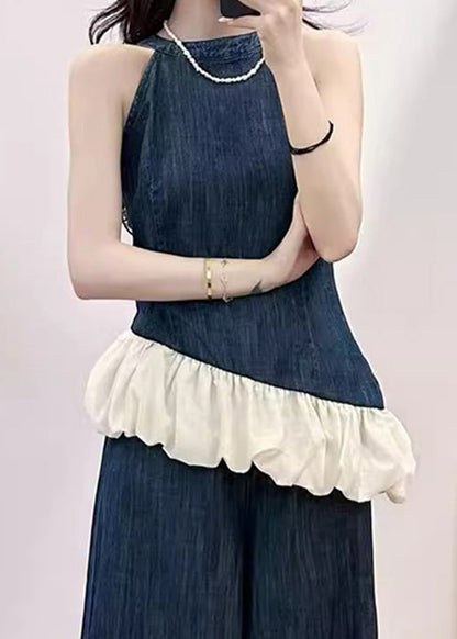 New Blue Pockets Patchwork Tops and Wide Leg Pants Denim Two Pieces Set Sleeveless