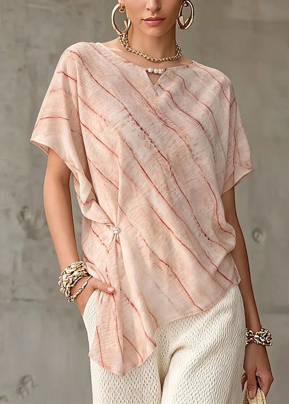 Pink Asymmetrical Striped Chiffon Tops Short Sleeve
