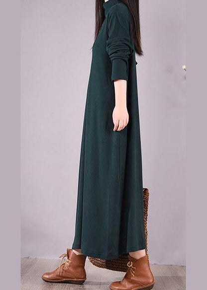 Handmade Blackish Green Embroidery Clothes High Neck Cinched Robes Spring Dresses
