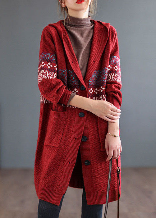 Red Pocket Print Knitted Coats Cardigans Hooded Long Sleeve