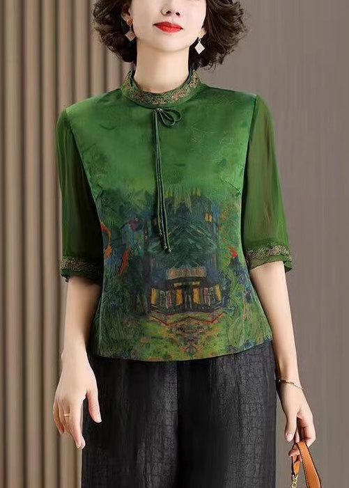Red Stand Collar Tasseled Print Silk Shirt Tops Half Sleeve