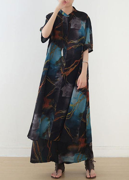 Spring and Summer Blue Print Shirt Top Loose Wide Leg Pants Two Piece Suit