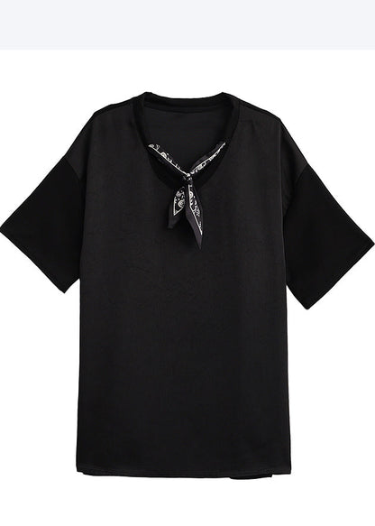 Classy Black Oversized Drawstring Scarf Cotton Long Tops Half Sleeve