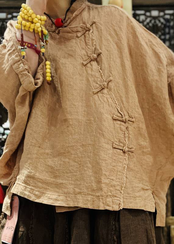 Red Button Linen Tops Batwing Sleeve