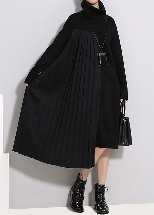 Black Wrinkled Turtle Neck Knit Dresses Spring