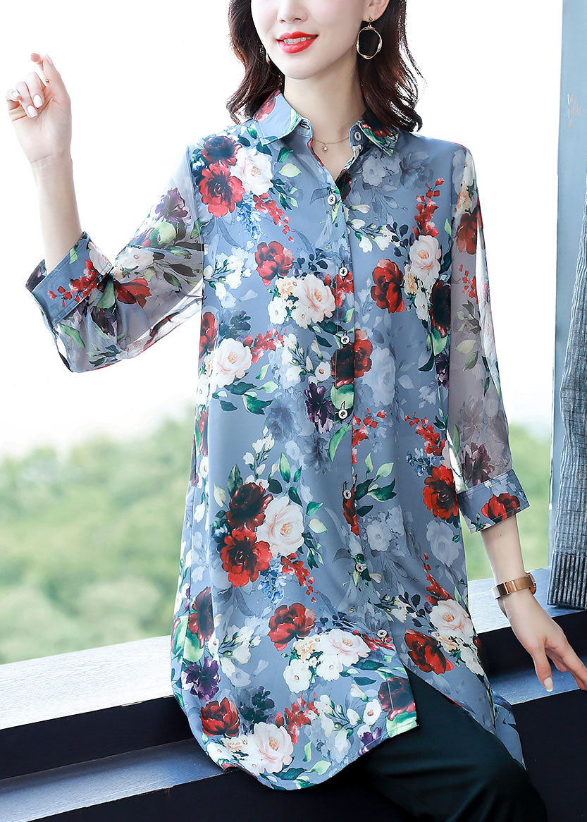 Classy Blue Peter Pan Collar Print Chiffon Long Shirt Bracelet Sleeve