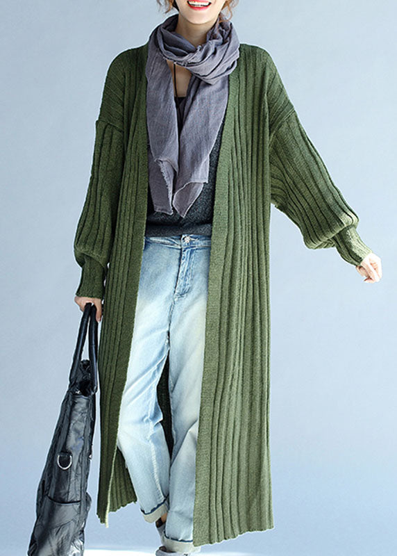 Green V Neck Lantern Sleeve Fall Knit Long Sweaters Coat