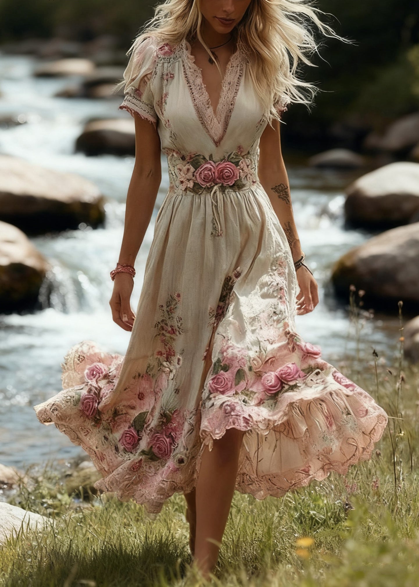 Beige High Waist Patchwork Cotton Long Dress V Neck Summer