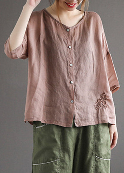 Loose Coffee O-neck Embroideried Button Linen Shirt Half Sleeve