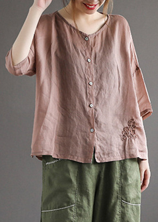 Loose Coffee O-neck Embroideried Button Linen Shirt Half Sleeve