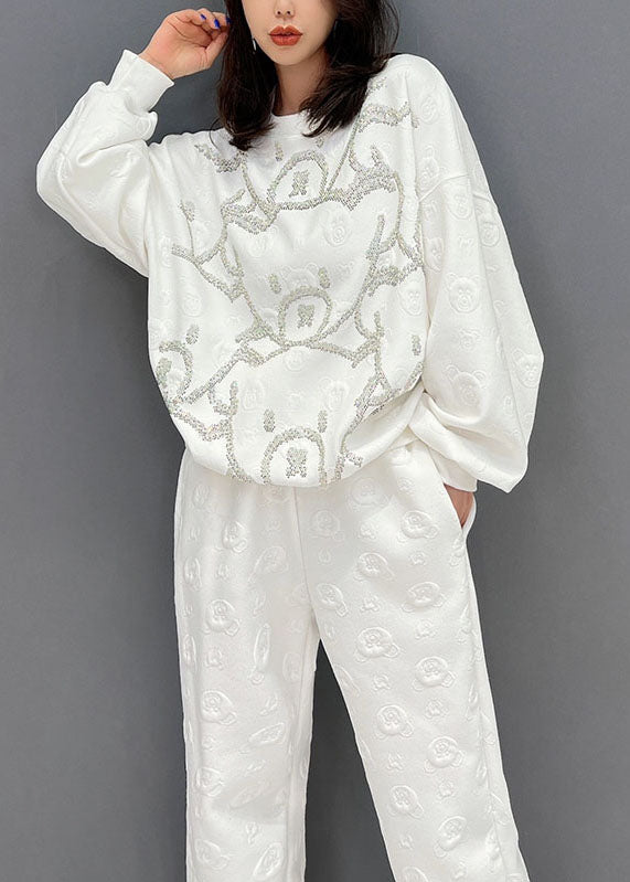 White Oversized Bear Jacquard Cotton Two Piece Set Fall