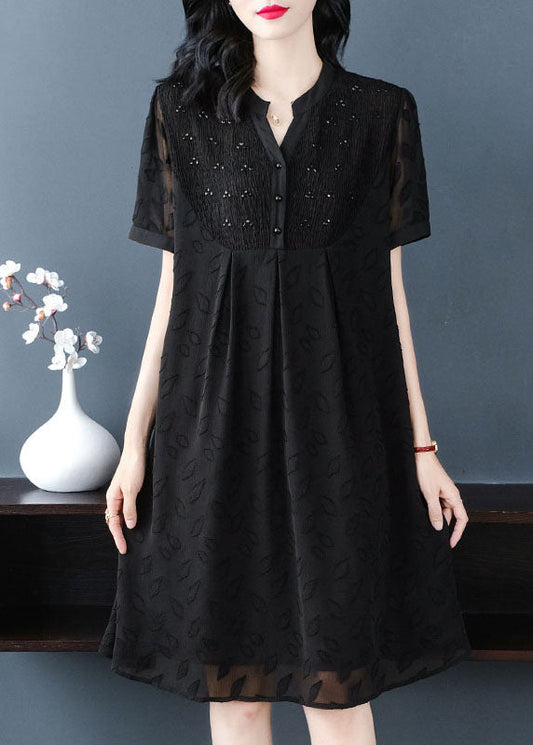 Black V Neck Wrinkled Patchwork Jacquard Chiffon Holiday Dress Short Sleeve