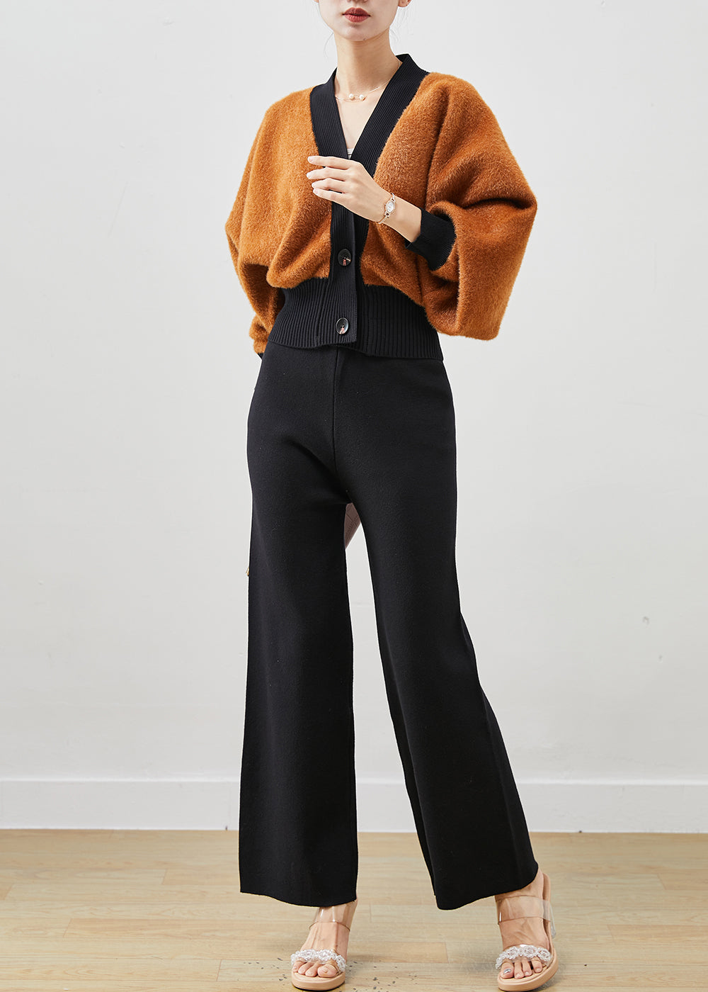 Boutique Khaki Thick Knit Coats and Straight Pants Two Pieces Set Spring