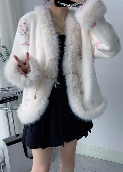 Pink V Neck Embroideried Fox Fur Mink Cashmere Coat Winter