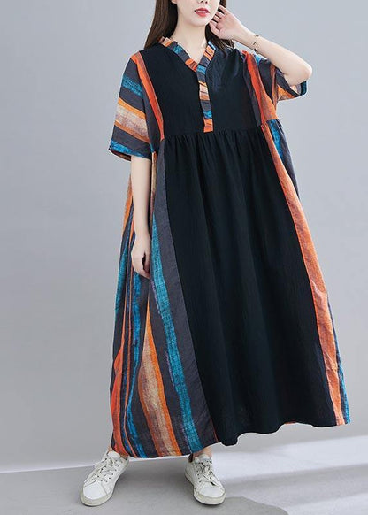 V Neck Patchwork Summer Dress Outfits Multicolor Striped Maxi Dress