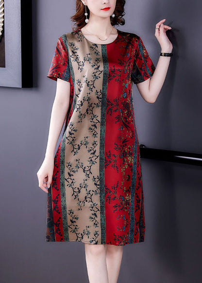 Red O-neck Print Slim Fit Silk Mid Dress Summer