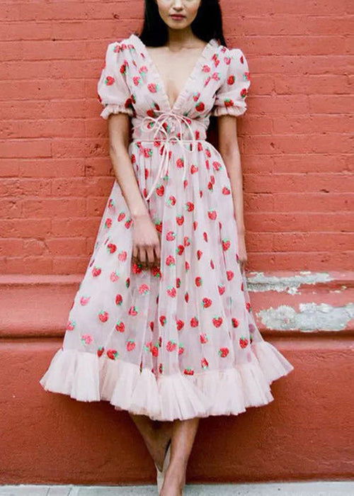 Pink V Neck Ruffled Lace Up Tulle Maxi Dresses Summer