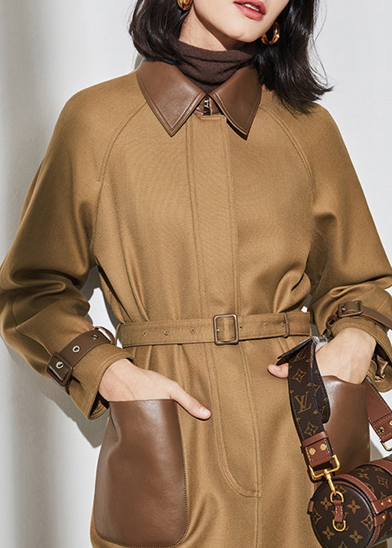 Khaki Peter Pan Collar Pockets Patchwork Button Wool Trench Coat Spring