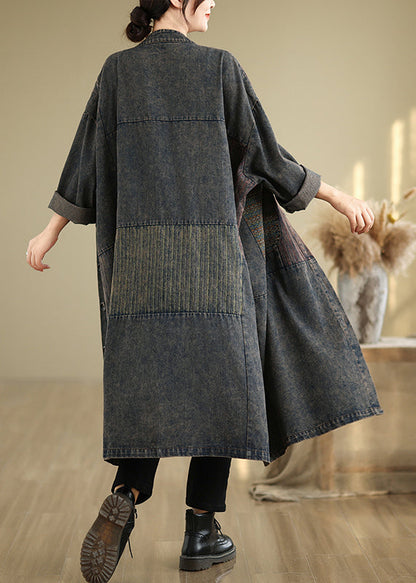 Black Stand Collar Pockets Patchwork Long Trench Coat Fall