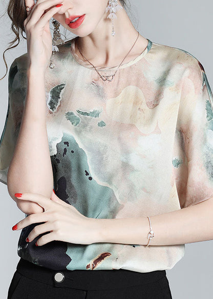 Colorblock O Neck Print Silk T Shirt Top Summer