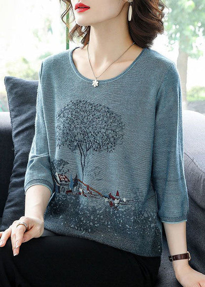 Blue O-neck Print Knit Sweater Tops Bracelet Sleeve