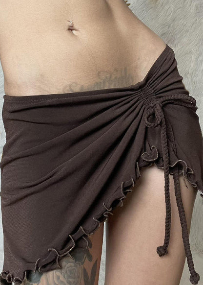 Brown Ruffled Lace Up Cotton Skirt Summer